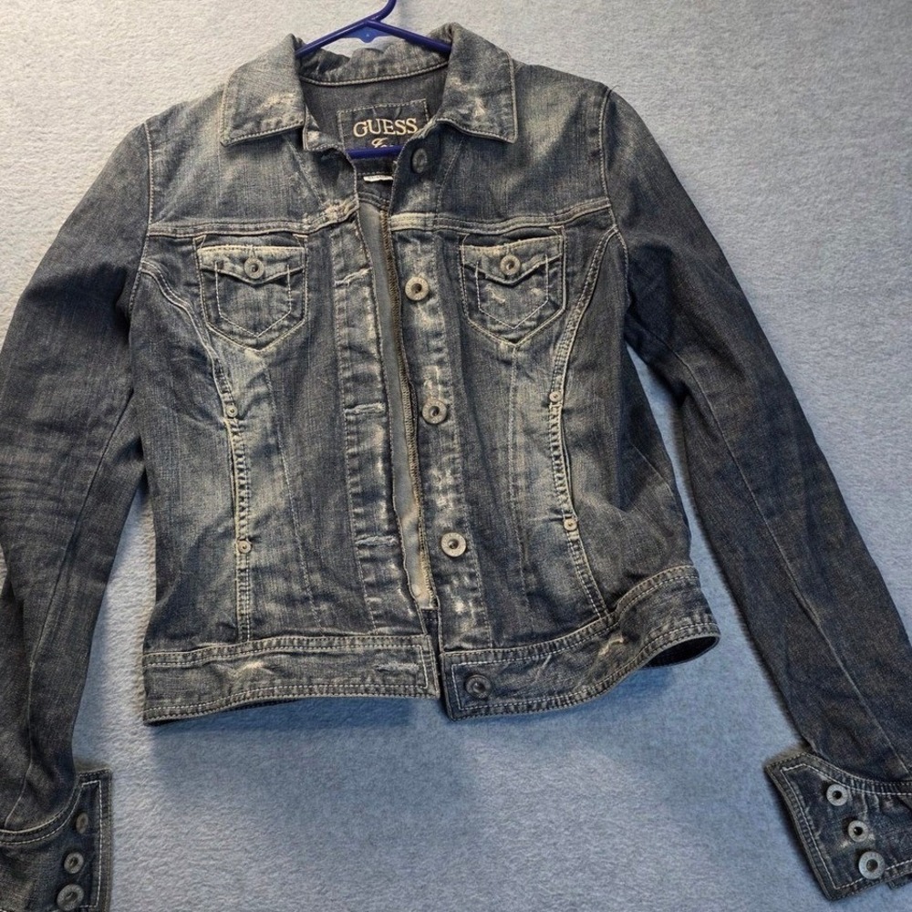 Guess Jeans Womens Dark Wash Stretch Denim‎ Trucker Jacket Distressed Size M